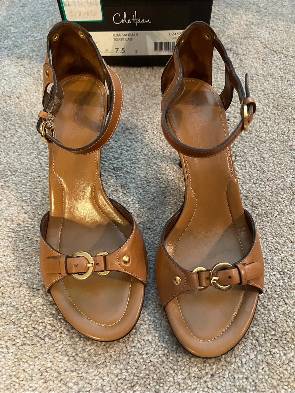 Cole Haan Lexa Toast Brown Leather Buckle Ankle-Strap Sandals. 7.5. EUC